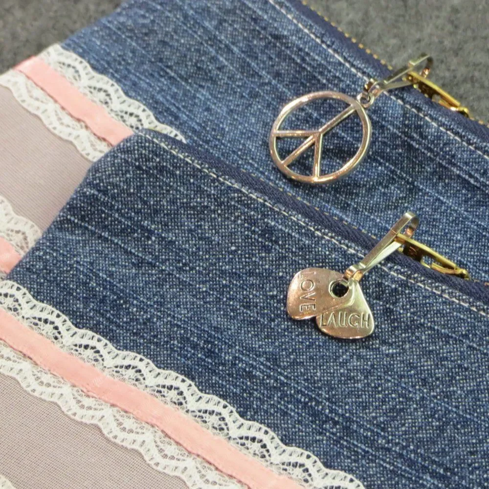 Pink Lace on Denim Small Zippered Pouch Makeup Bag NEW Last One Left